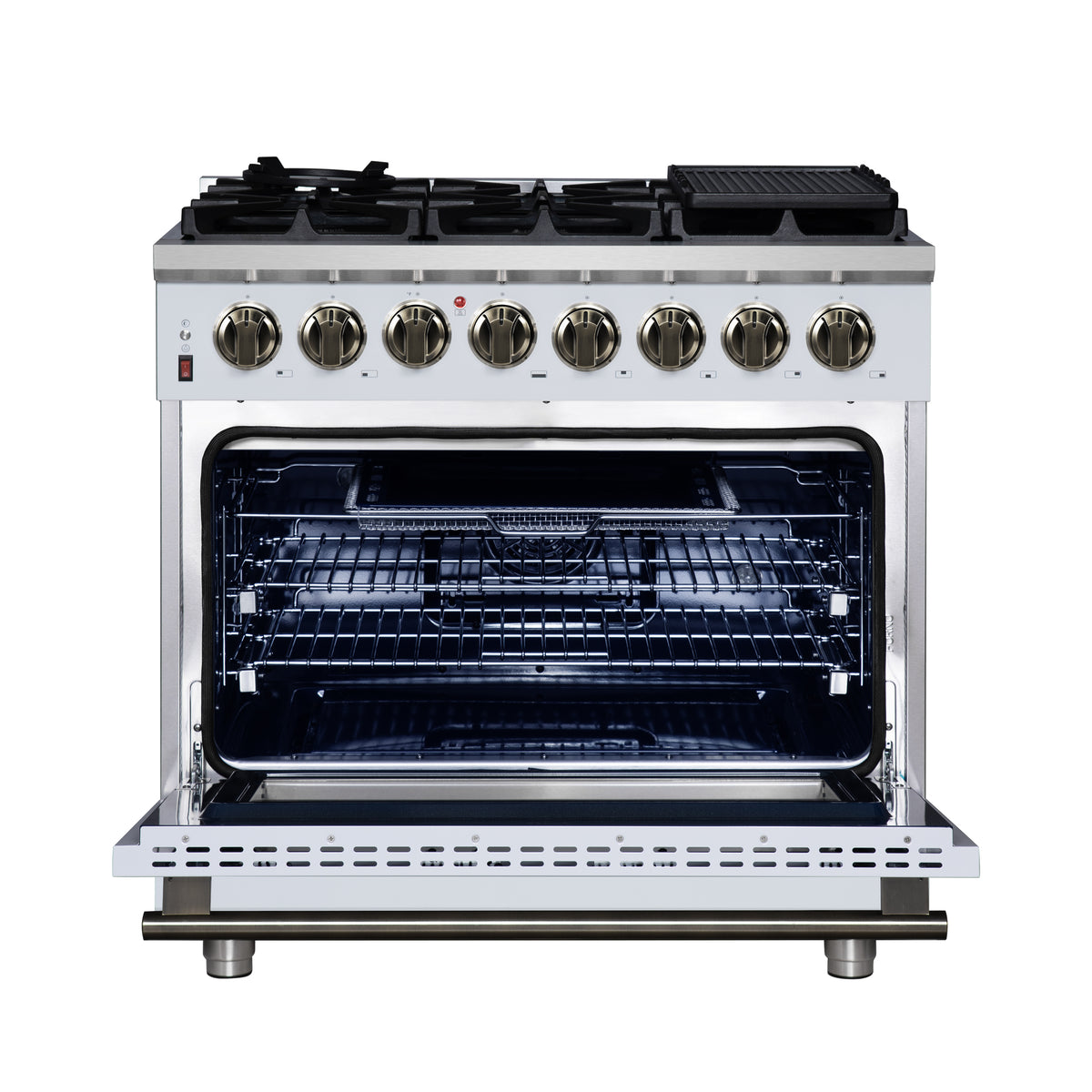 Forno Massimo 36" Dual Fuel Range in White with Air Fryer Basket, True Convection Oven, Matte Cast Iron Grates