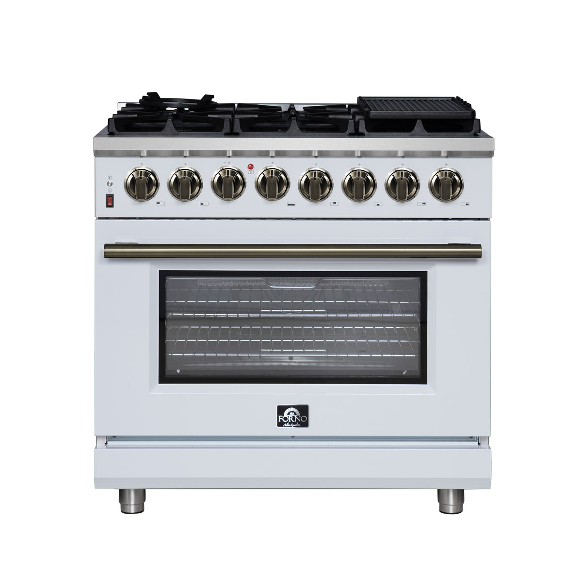 Forno Massimo 36" Dual Fuel Range in White with Air Fryer Basket, True Convection Oven, Matte Cast Iron Grates