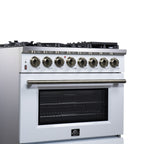Forno Massimo 36" Dual Fuel Range in White with Air Fryer Basket, True Convection Oven, Matte Cast Iron Grates