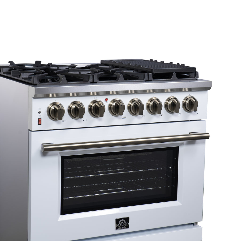 Forno Massimo 36" Dual Fuel Range in White with Air Fryer Basket, True Convection Oven, Matte Cast Iron Grates