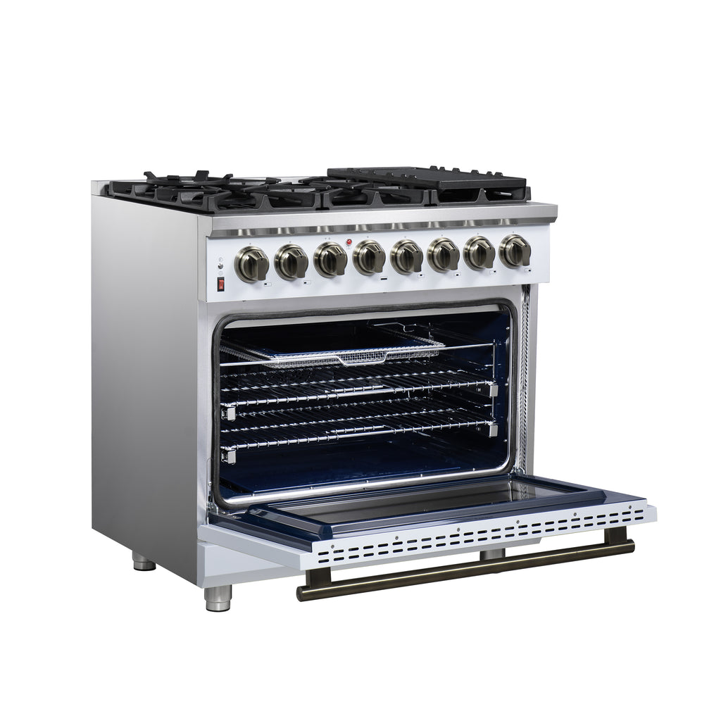 Forno Massimo 36" Dual Fuel Range in White with Air Fryer Basket, True Convection Oven, Matte Cast Iron Grates
