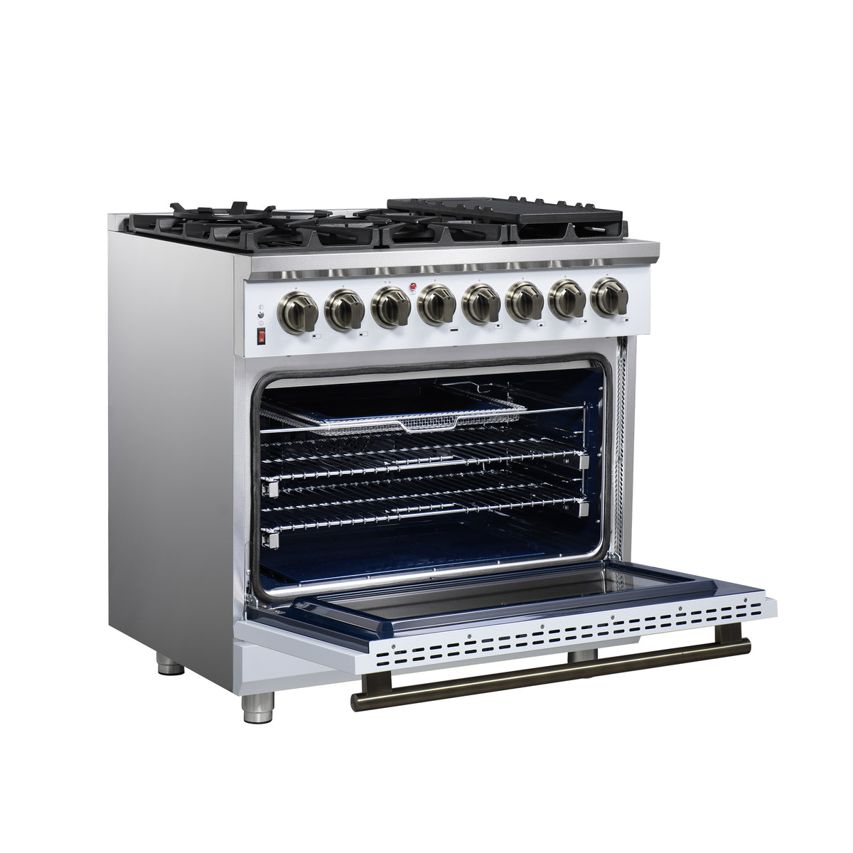 Forno Massimo 36" Dual Fuel Range in White with Air Fryer Basket, True Convection Oven, Matte Cast Iron Grates