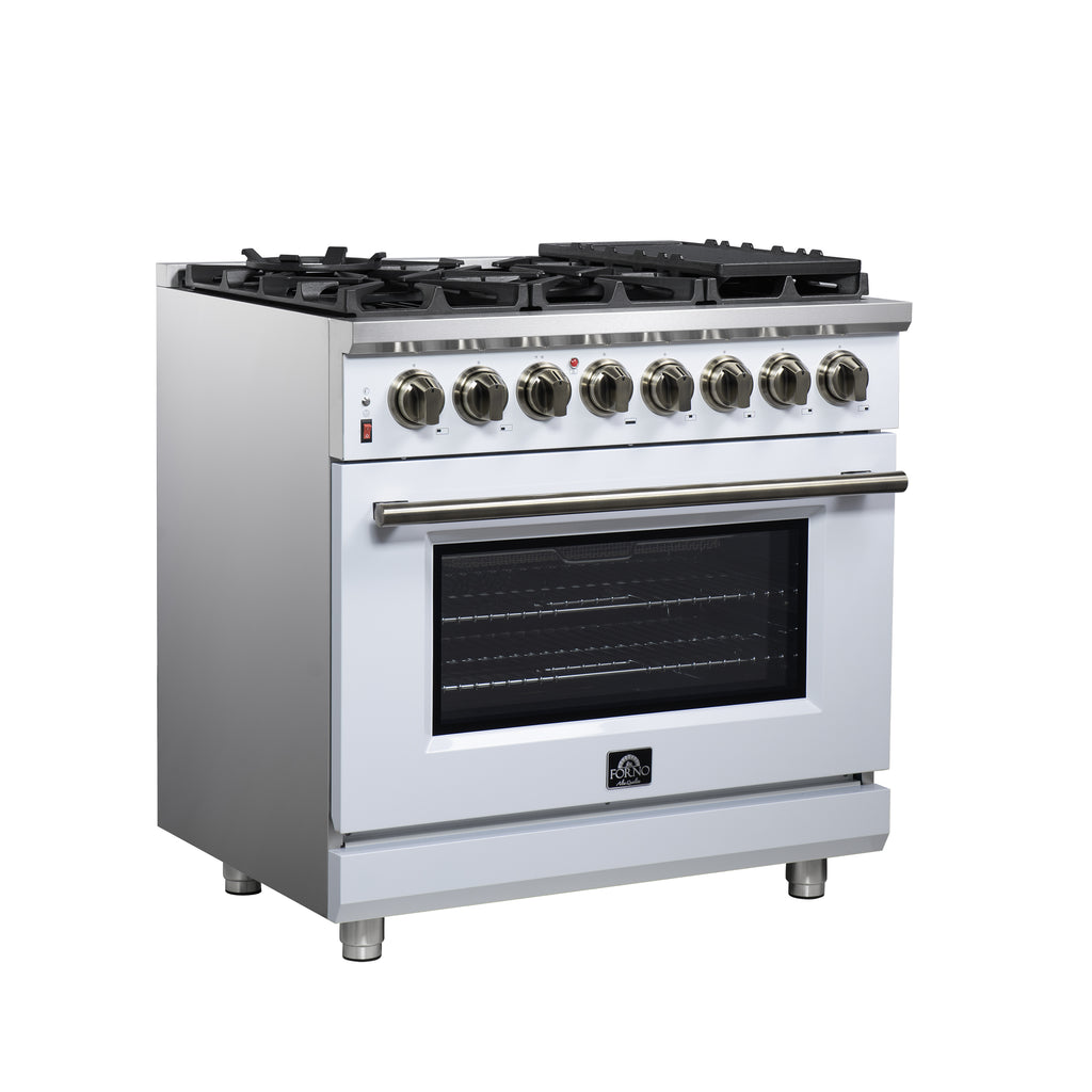 Forno Massimo 36" Dual Fuel Range in White with Air Fryer Basket, True Convection Oven, Matte Cast Iron Grates