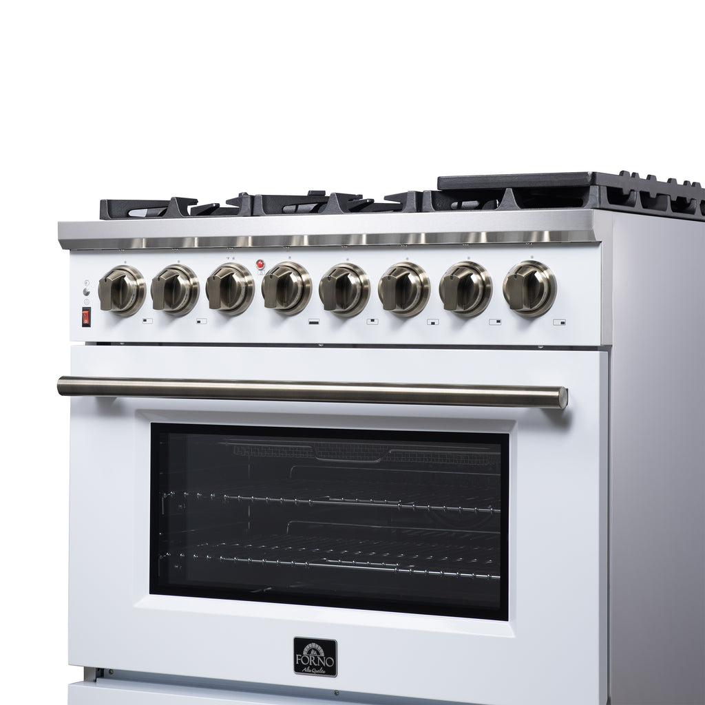 Forno Massimo 36" Dual Fuel Range in White with Air Fryer Basket, True Convection Oven, Matte Cast Iron Grates