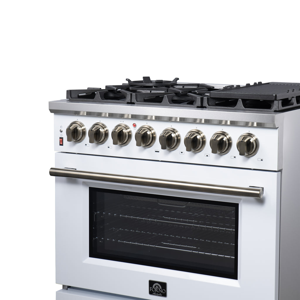 Forno Massimo 36" Dual Fuel Range in White with Air Fryer Basket, True Convection Oven, Matte Cast Iron Grates