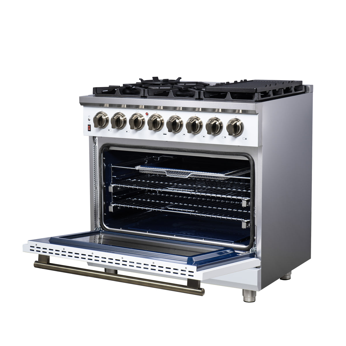 Forno Massimo 36" Dual Fuel Range in White with Air Fryer Basket, True Convection Oven, Matte Cast Iron Grates