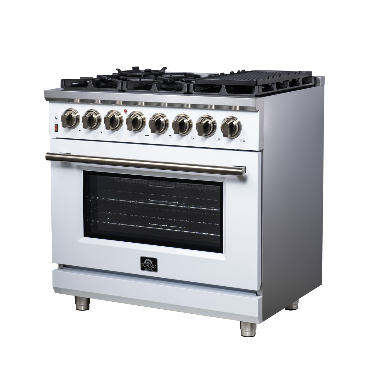Forno Massimo 36" Dual Fuel Range in White with Air Fryer Basket, True Convection Oven, Matte Cast Iron Grates