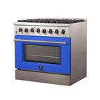 Forno Galiano 36" Dual Fuel Range All Stainless Steel with blue door, 6 Sealed Burners 83,000 BTU