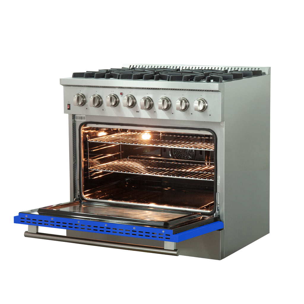Forno Galiano 36" Dual Fuel Range All Stainless Steel with blue door, 6 Sealed Burners 83,000 BTU