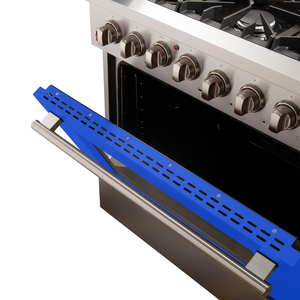 Forno Galiano 36" Dual Fuel Range All Stainless Steel with blue door, 6 Sealed Burners 83,000 BTU