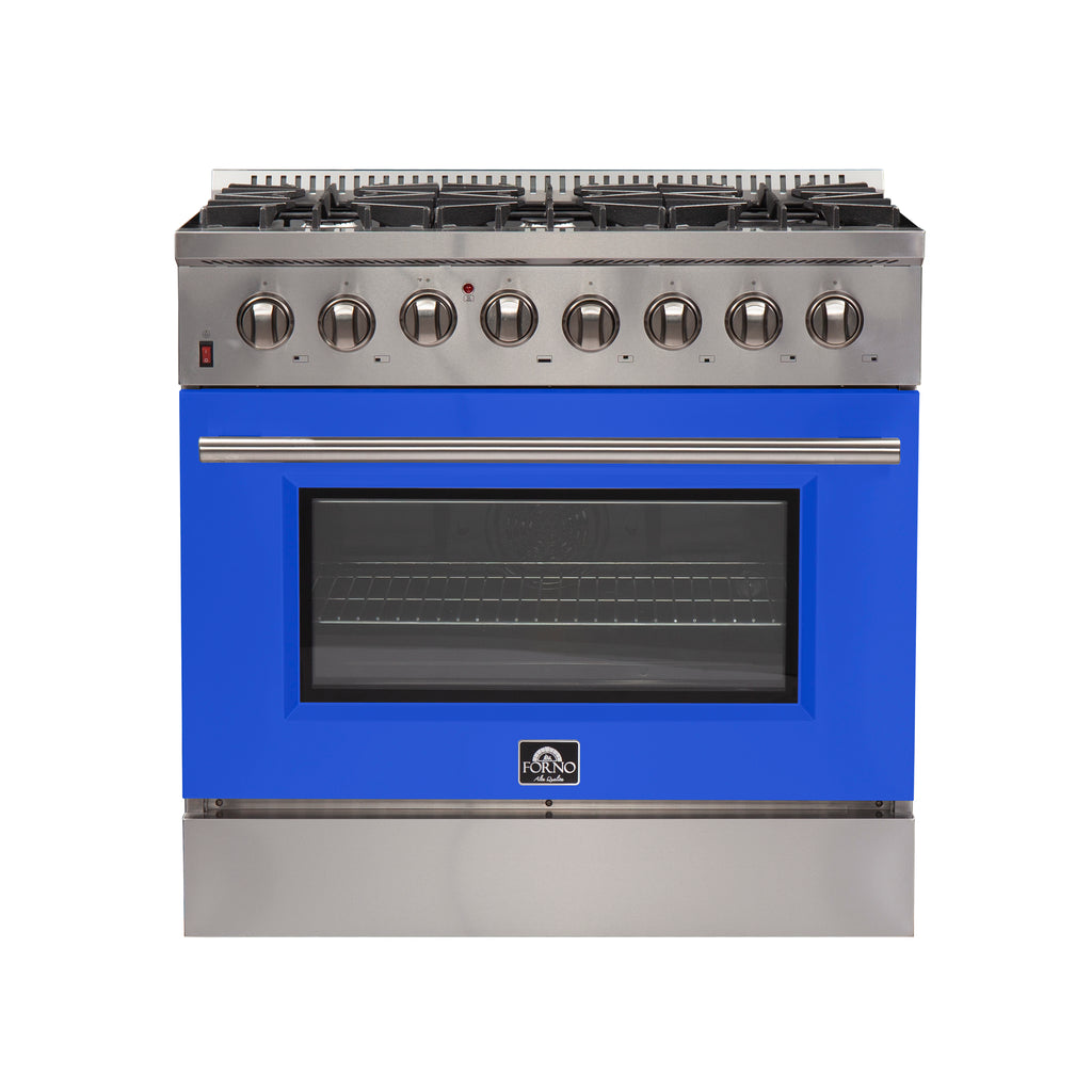 Forno Galiano 36" Dual Fuel Range All Stainless Steel with blue door, 6 Sealed Burners 83,000 BTU