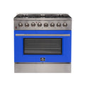 Forno Galiano 36" Dual Fuel Range All Stainless Steel with blue door, 6 Sealed Burners 83,000 BTU