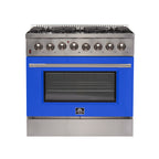 Forno Galiano 36" Dual Fuel Range All Stainless Steel with blue door, 6 Sealed Burners 83,000 BTU