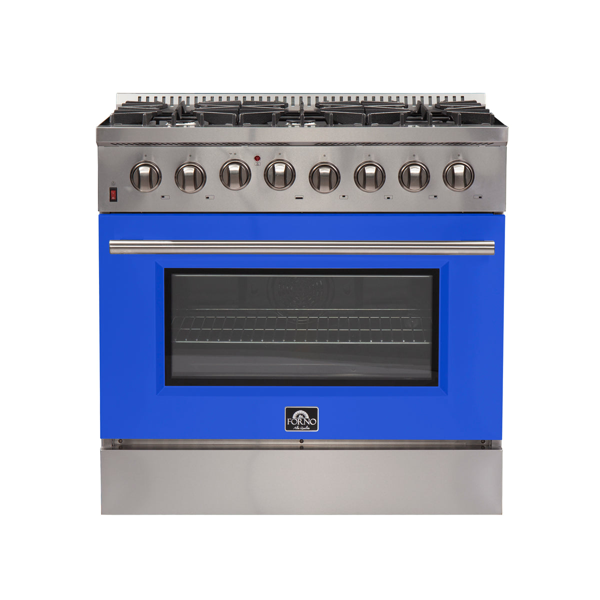Forno Galiano 36" Dual Fuel Range All Stainless Steel with blue door, 6 Sealed Burners 83,000 BTU