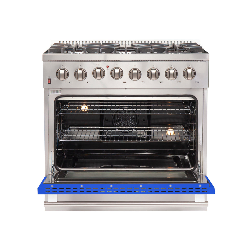 Forno Galiano 36" Dual Fuel Range All Stainless Steel with blue door, 6 Sealed Burners 83,000 BTU