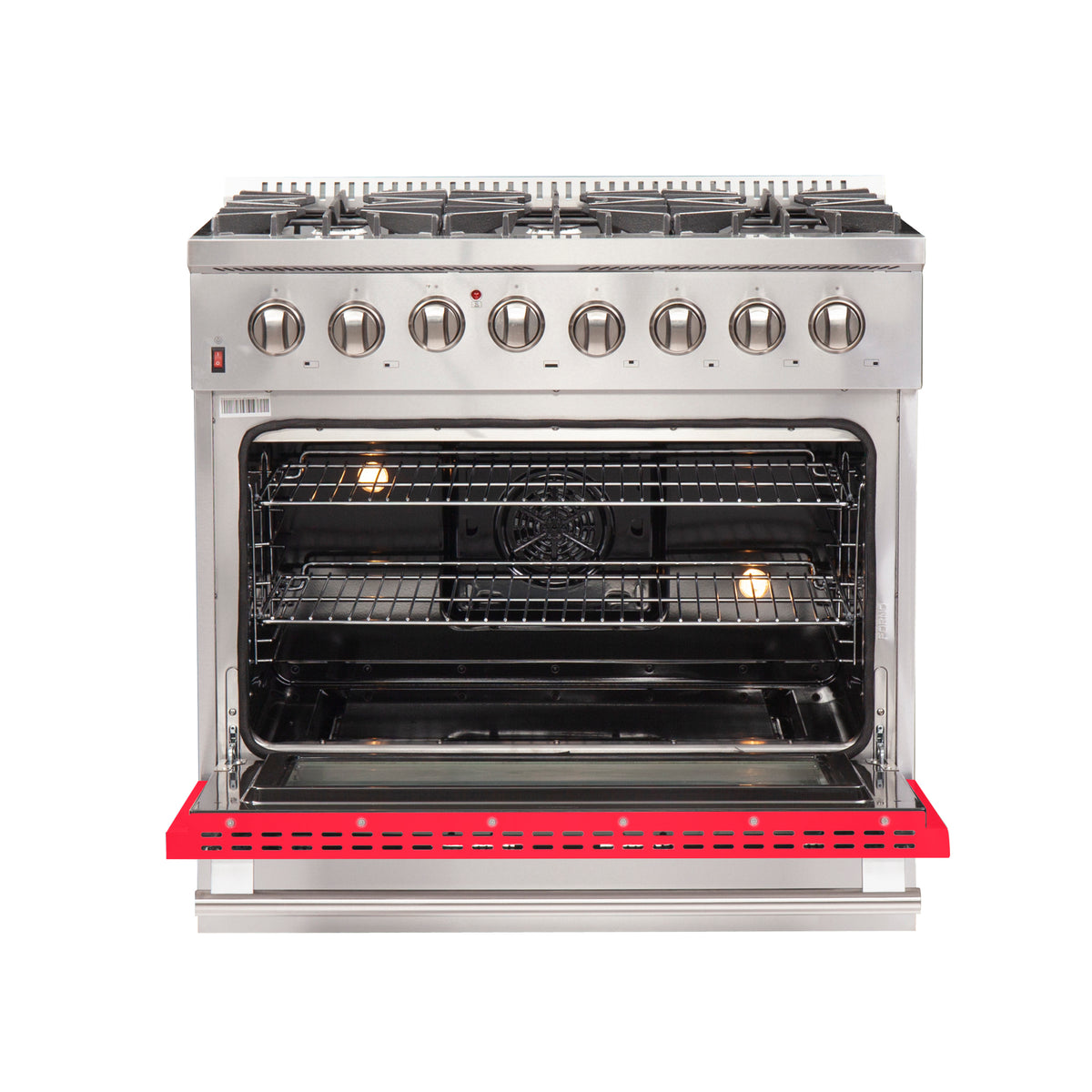 Forno Galiano 36" Dual Fuel Range All Stainless Steel with red door, 6 Sealed Burners 83,000 BTU