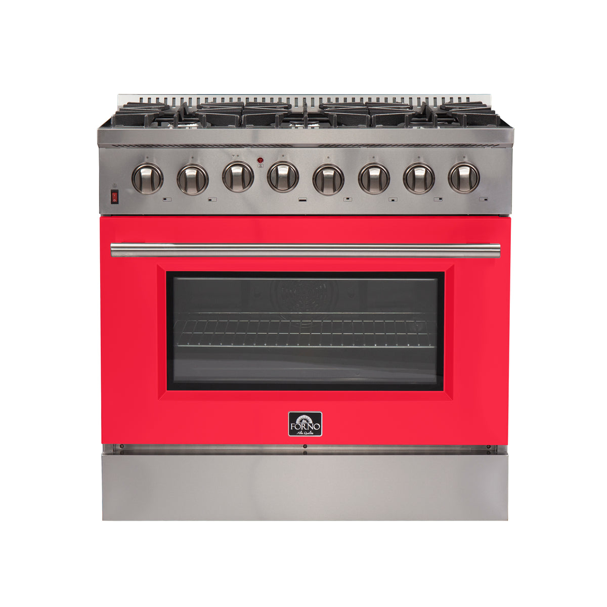Forno Galiano 36" Dual Fuel Range All Stainless Steel with red door, 6 Sealed Burners 83,000 BTU