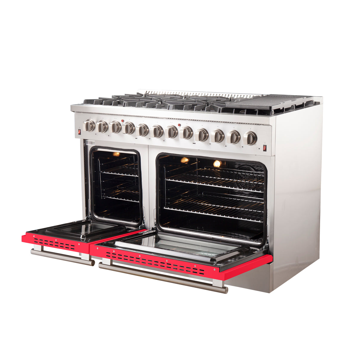 Forno Galiano 48" Dual Fuel Range All Stainless Steel with Red Doors, 8 Sealed Burners 107,000 BTU