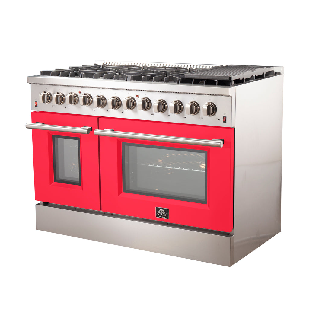 Forno Galiano 48" Dual Fuel Range All Stainless Steel with Red Doors, 8 Sealed Burners 107,000 BTU