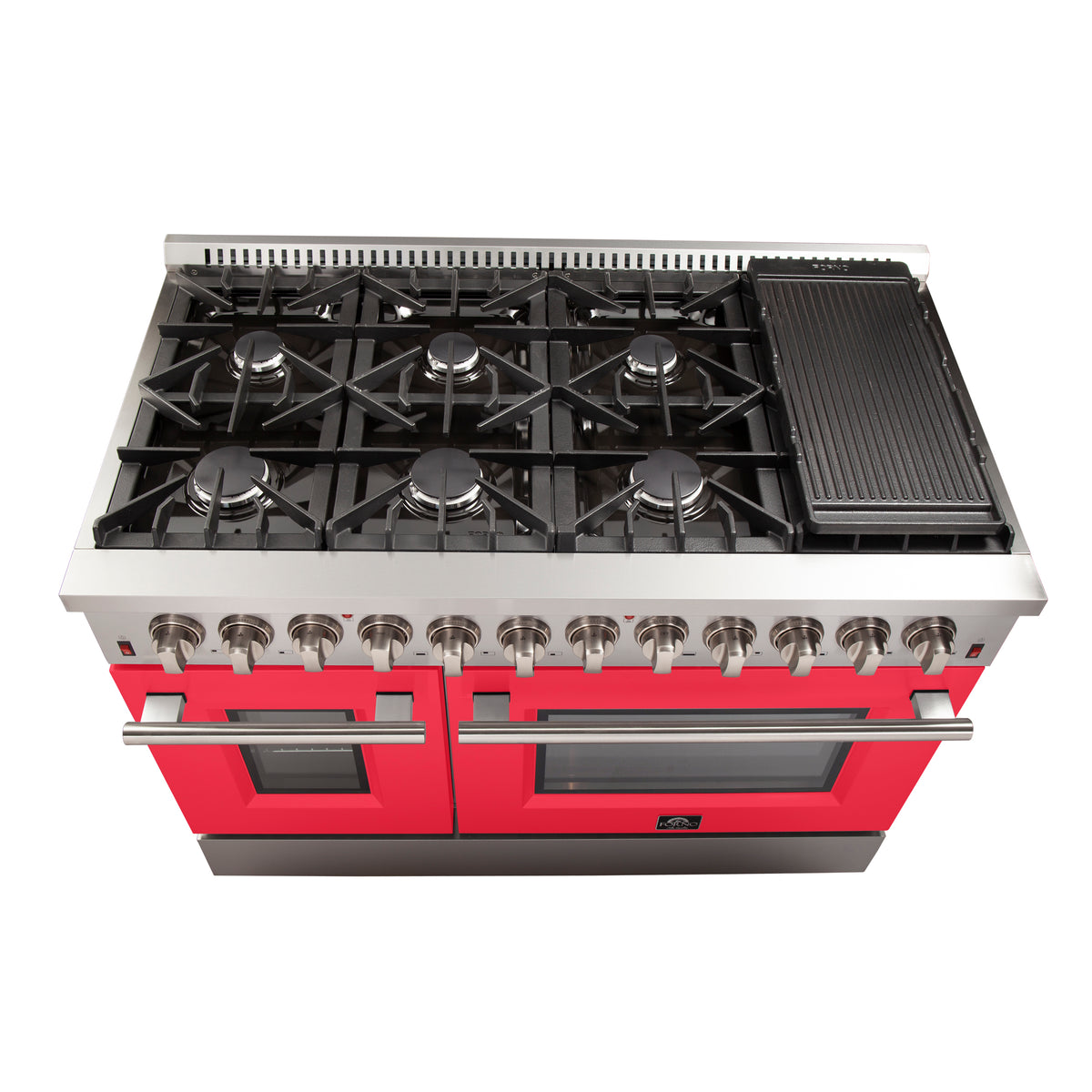 Forno Galiano 48" Dual Fuel Range All Stainless Steel with Red Doors, 8 Sealed Burners 107,000 BTU