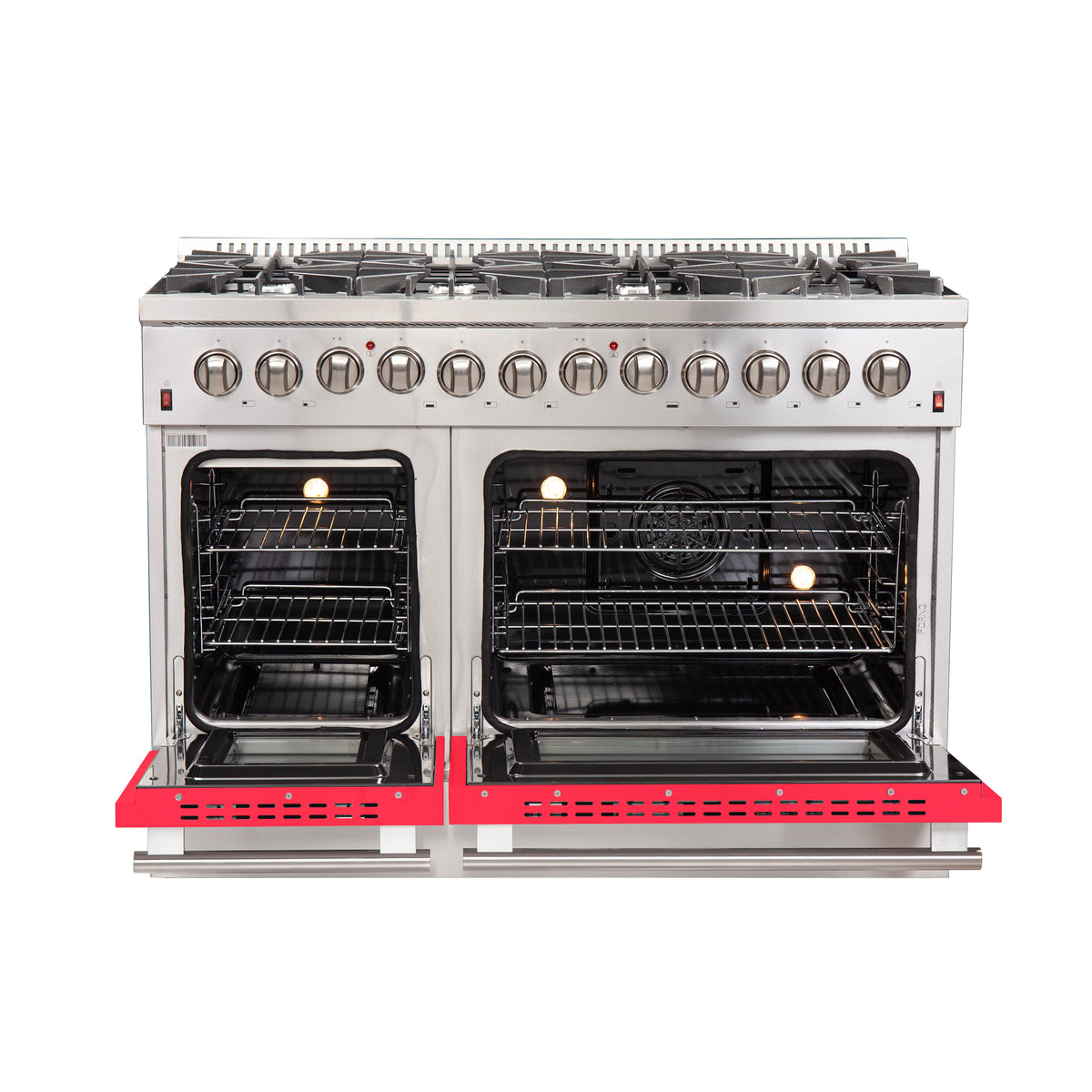 Forno Galiano 48" Dual Fuel Range All Stainless Steel with Red Doors, 8 Sealed Burners 107,000 BTU