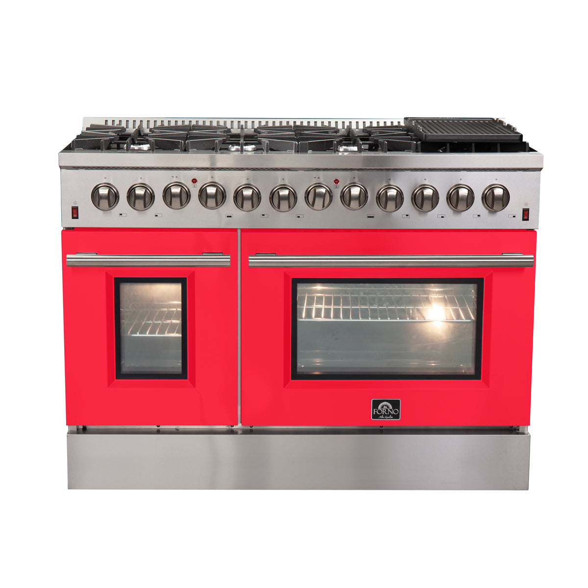 Forno Galiano 48" Dual Fuel Range All Stainless Steel with Red Doors, 8 Sealed Burners 107,000 BTU