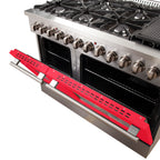 Forno Galiano 48" Dual Fuel Range All Stainless Steel with Red Doors, 8 Sealed Burners 107,000 BTU