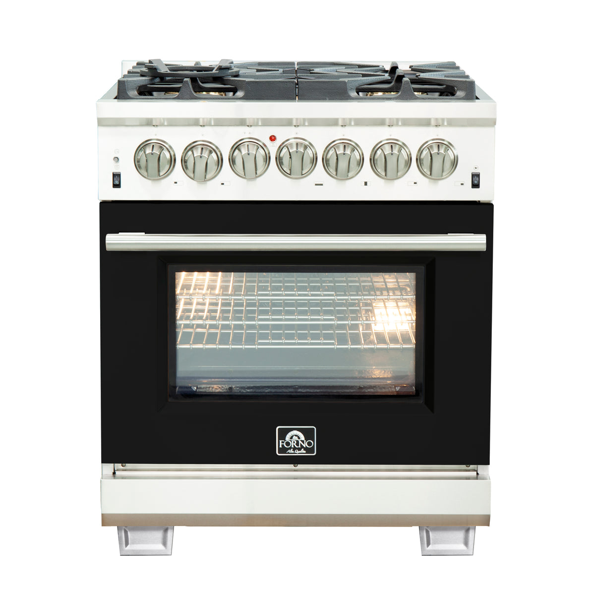 Forno Capriasca 30" Dual Fuel Range Stainless Steel with black door, 5 Brass Burners 100,000 BTU