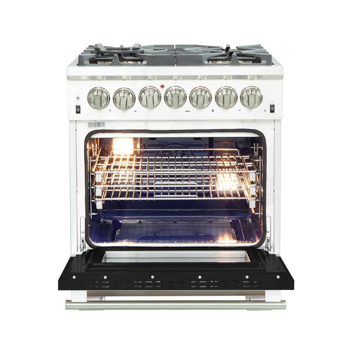 Forno Capriasca 30" Dual Fuel Range Stainless Steel with black door, 5 Brass Burners 100,000 BTU