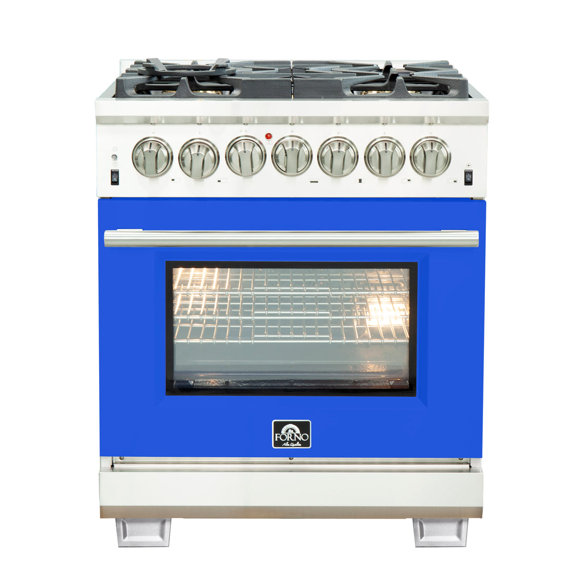 Forno Capriasca 30" Dual Fuel Range Stainless Steel with blue door, 5 Brass Burners 100,000 BTU