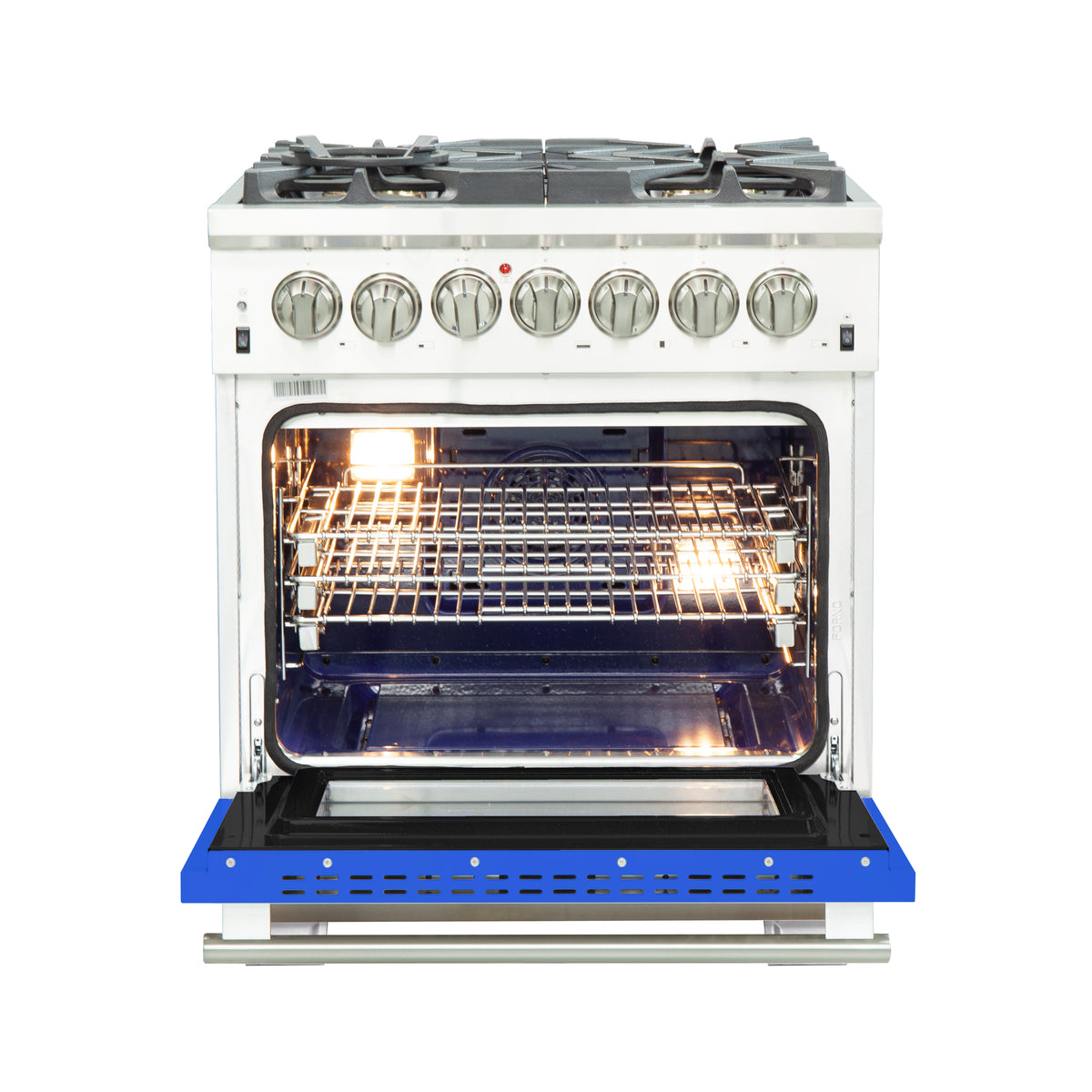 Forno Capriasca 30" Dual Fuel Range Stainless Steel with blue door, 5 Brass Burners 100,000 BTU