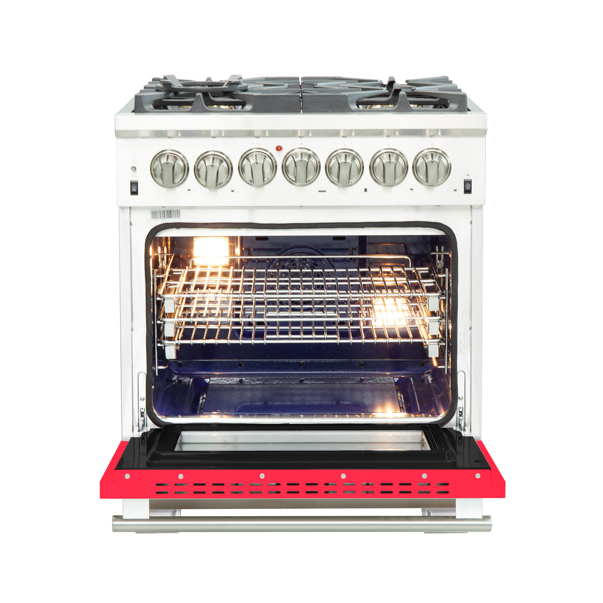 Forno Capriasca 30" Dual Fuel Range Stainless Steel with red door, 5 Brass Burners 100,000 BTU