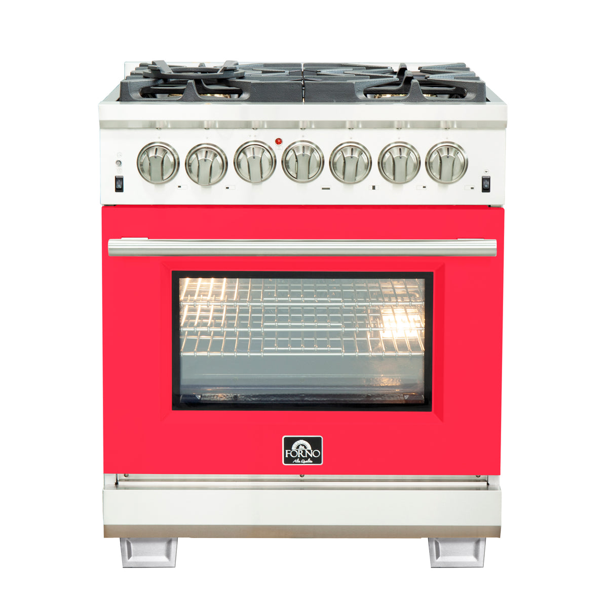 Forno Capriasca 30" Dual Fuel Range Stainless Steel with red door, 5 Brass Burners 100,000 BTU