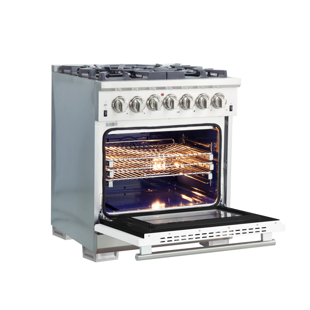 Forno Capriasca 30" Dual Fuel Range All Stainless Steel with white door, 5 Brass Burners 100,000 BTU