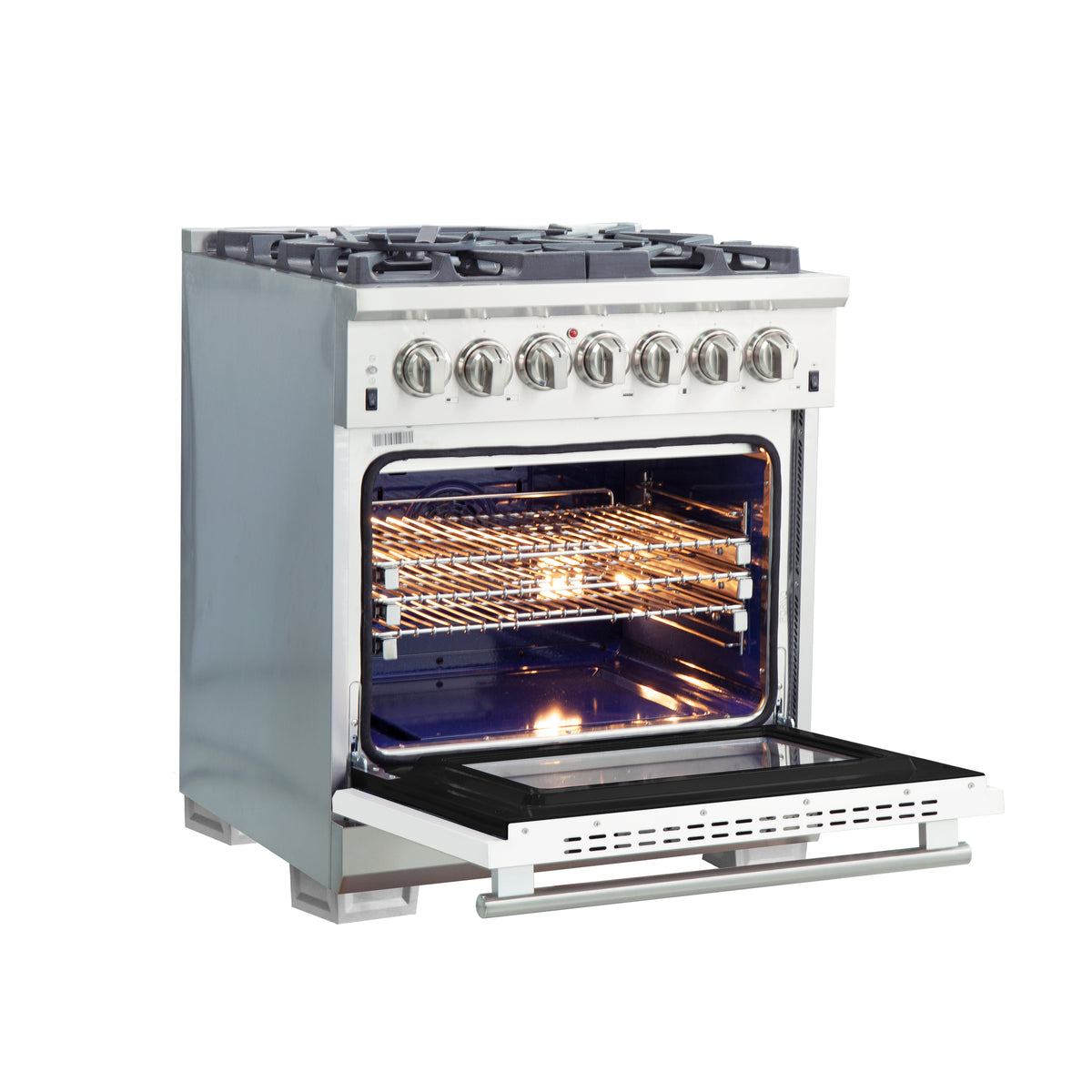 Forno Capriasca 30" Dual Fuel Range All Stainless Steel with white door, 5 Brass Burners 100,000 BTU