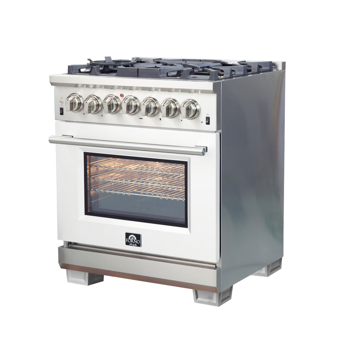 Forno Capriasca 30" Dual Fuel Range All Stainless Steel with white door, 5 Brass Burners 100,000 BTU