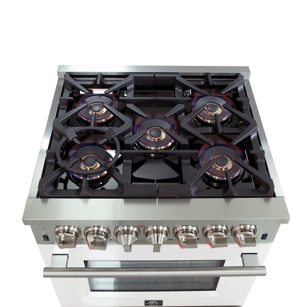 Forno Capriasca 30" Dual Fuel Range All Stainless Steel with white door, 5 Brass Burners 100,000 BTU