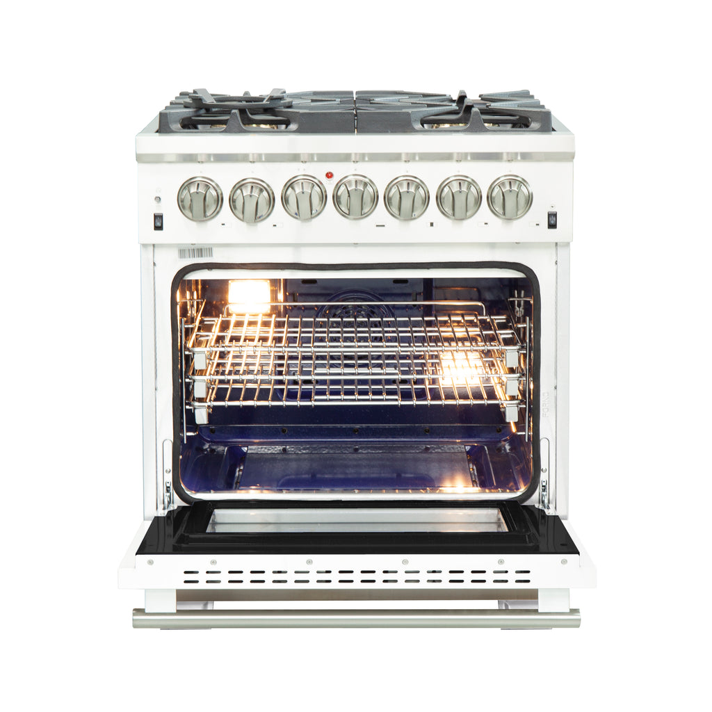 Forno Capriasca 30" Dual Fuel Range All Stainless Steel with white door, 5 Brass Burners 100,000 BTU
