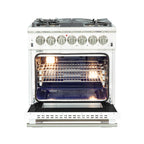 Forno Capriasca 30" Dual Fuel Range All Stainless Steel with white door, 5 Brass Burners 100,000 BTU