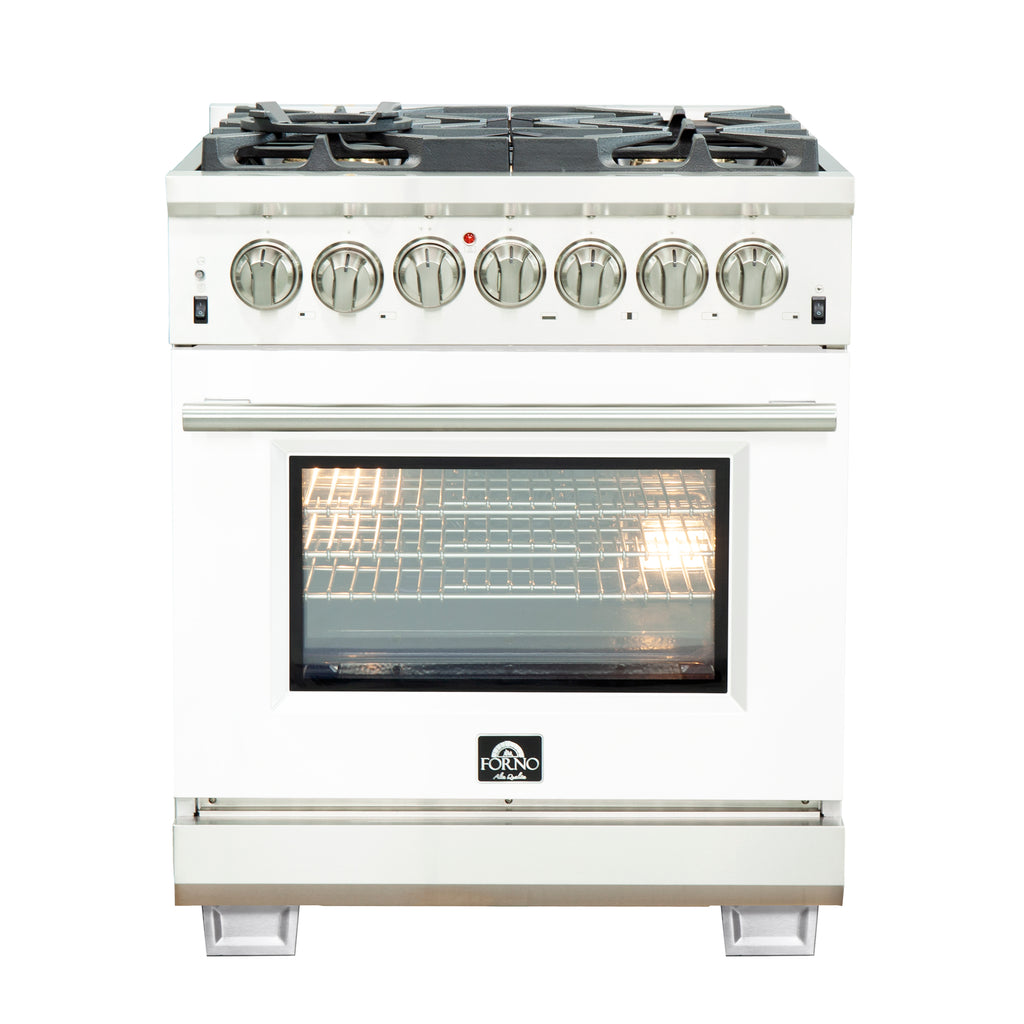 Forno Capriasca 30" Dual Fuel Range All Stainless Steel with white door, 5 Brass Burners 100,000 BTU