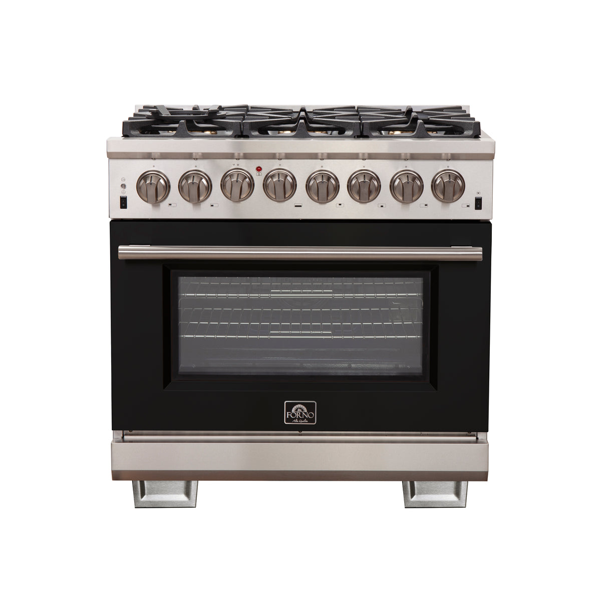 Forno Capriasca 36" Dual Fuel Range Stainless Steel with black door, 6 Brass Burners 120,000 BTU