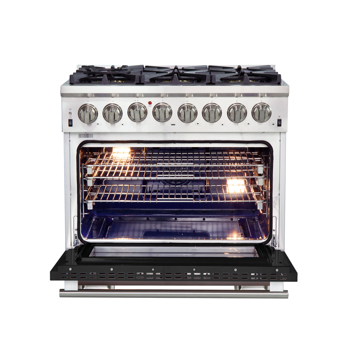 Forno Capriasca 36" Dual Fuel Range Stainless Steel with black door, 6 Brass Burners 120,000 BTU