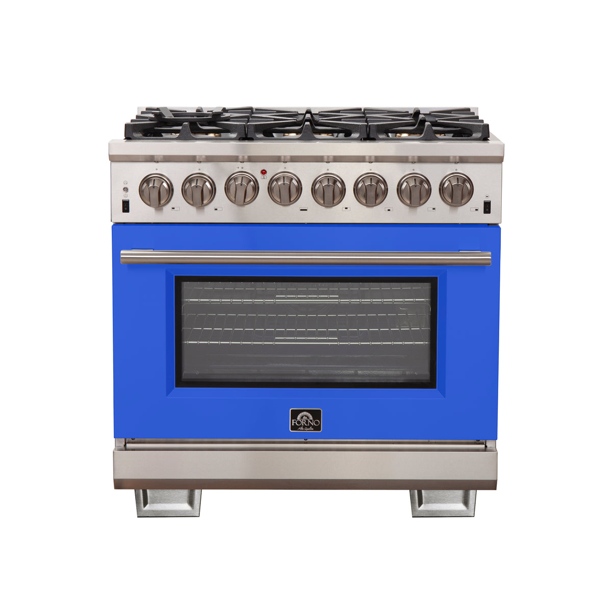 Forno Capriasca 36" Dual Fuel Range Stainless Steel with blue door, 6 Brass Burners 120,000 BTU