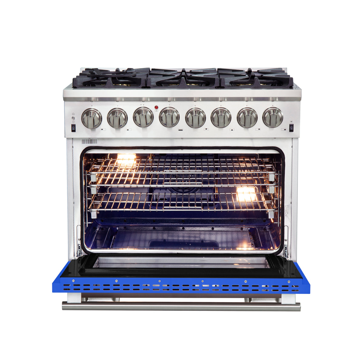 Forno Capriasca 36" Dual Fuel Range Stainless Steel with blue door, 6 Brass Burners 120,000 BTU
