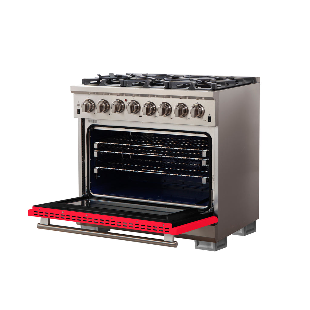 Forno Capriasca 36" Dual Fuel Range Stainless Steel with red door, 6 Brass Burners 120,000 BTU
