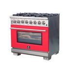 Forno Capriasca 36" Dual Fuel Range Stainless Steel with red door, 6 Brass Burners 120,000 BTU