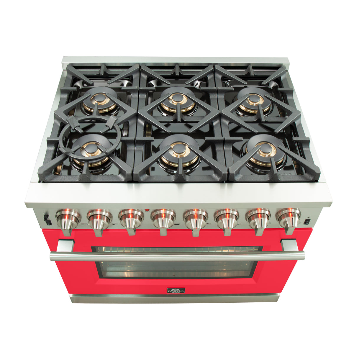 Forno Capriasca 36" Dual Fuel Range Stainless Steel with red door, 6 Brass Burners 120,000 BTU