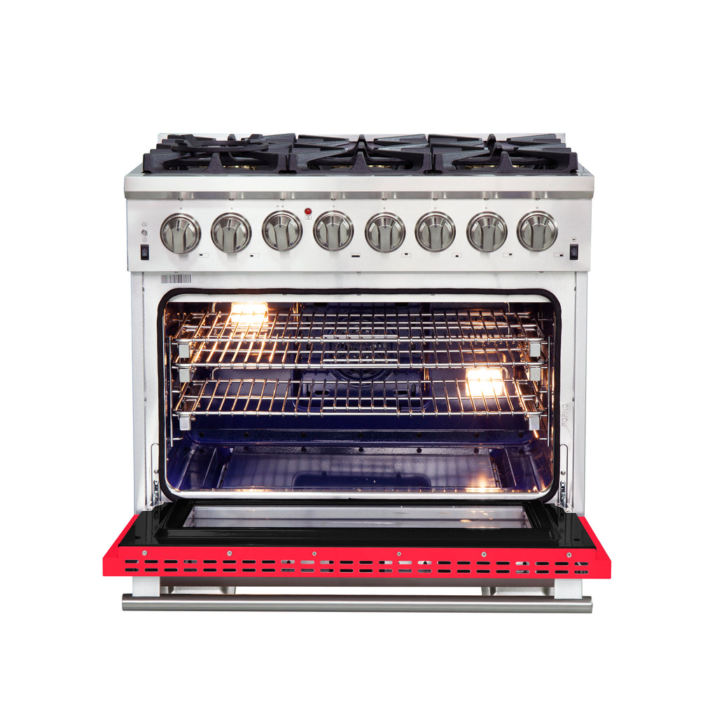 Forno Capriasca 36" Dual Fuel Range Stainless Steel with red door, 6 Brass Burners 120,000 BTU
