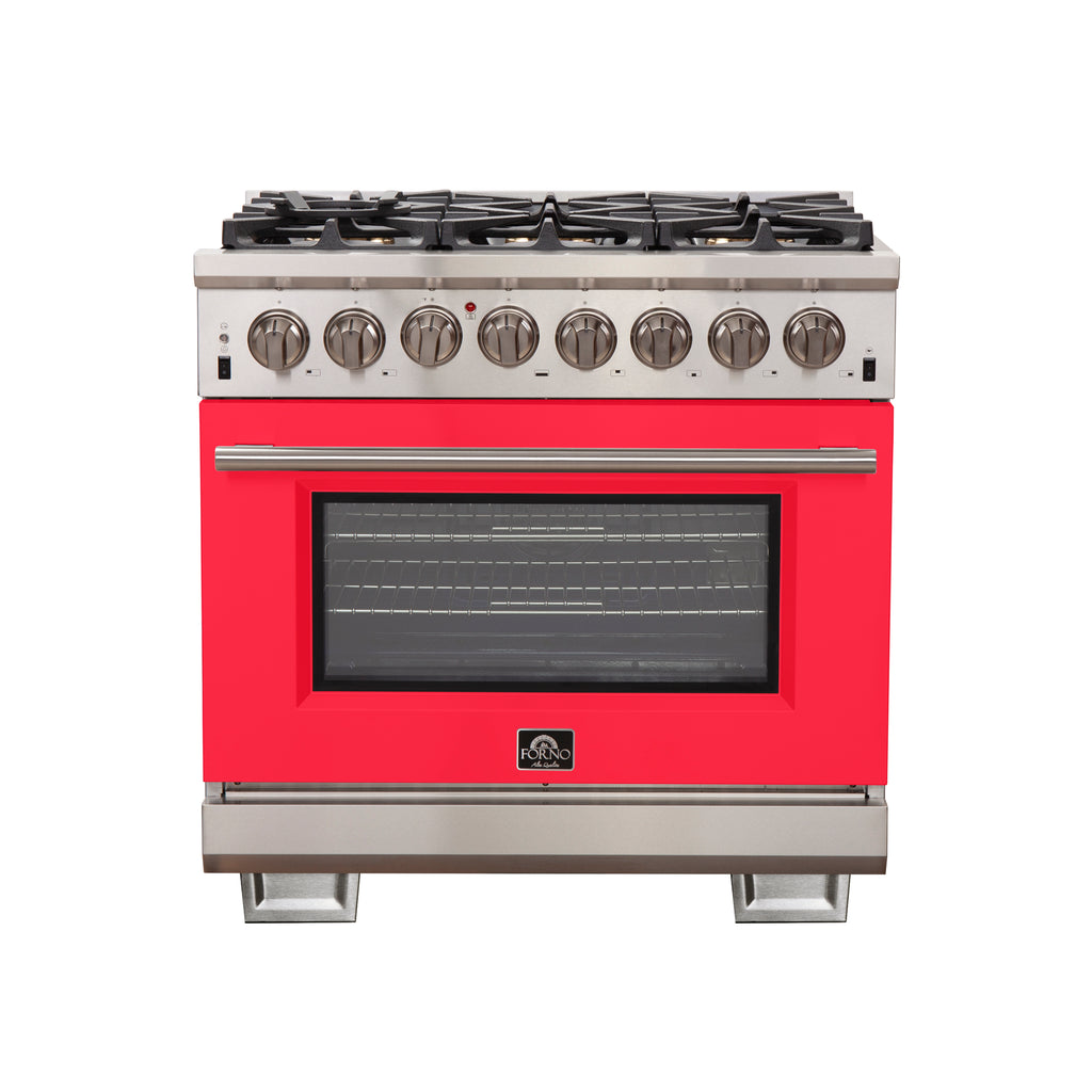 Forno Capriasca 36" Dual Fuel Range Stainless Steel with red door, 6 Brass Burners 120,000 BTU