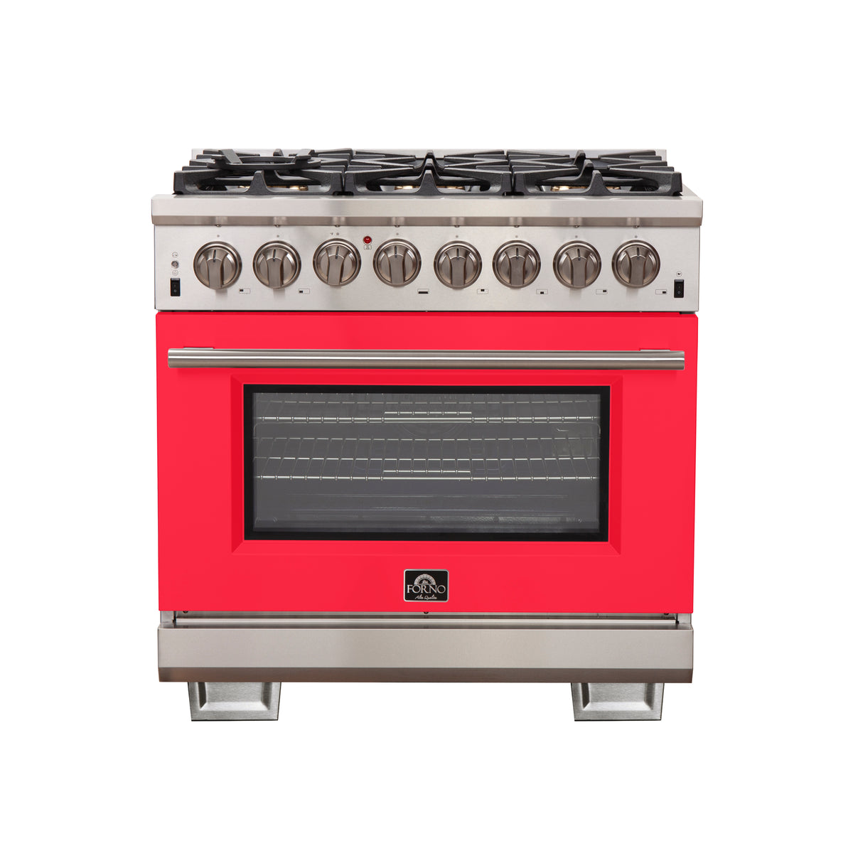 Forno Capriasca 36" Dual Fuel Range Stainless Steel with red door, 6 Brass Burners 120,000 BTU